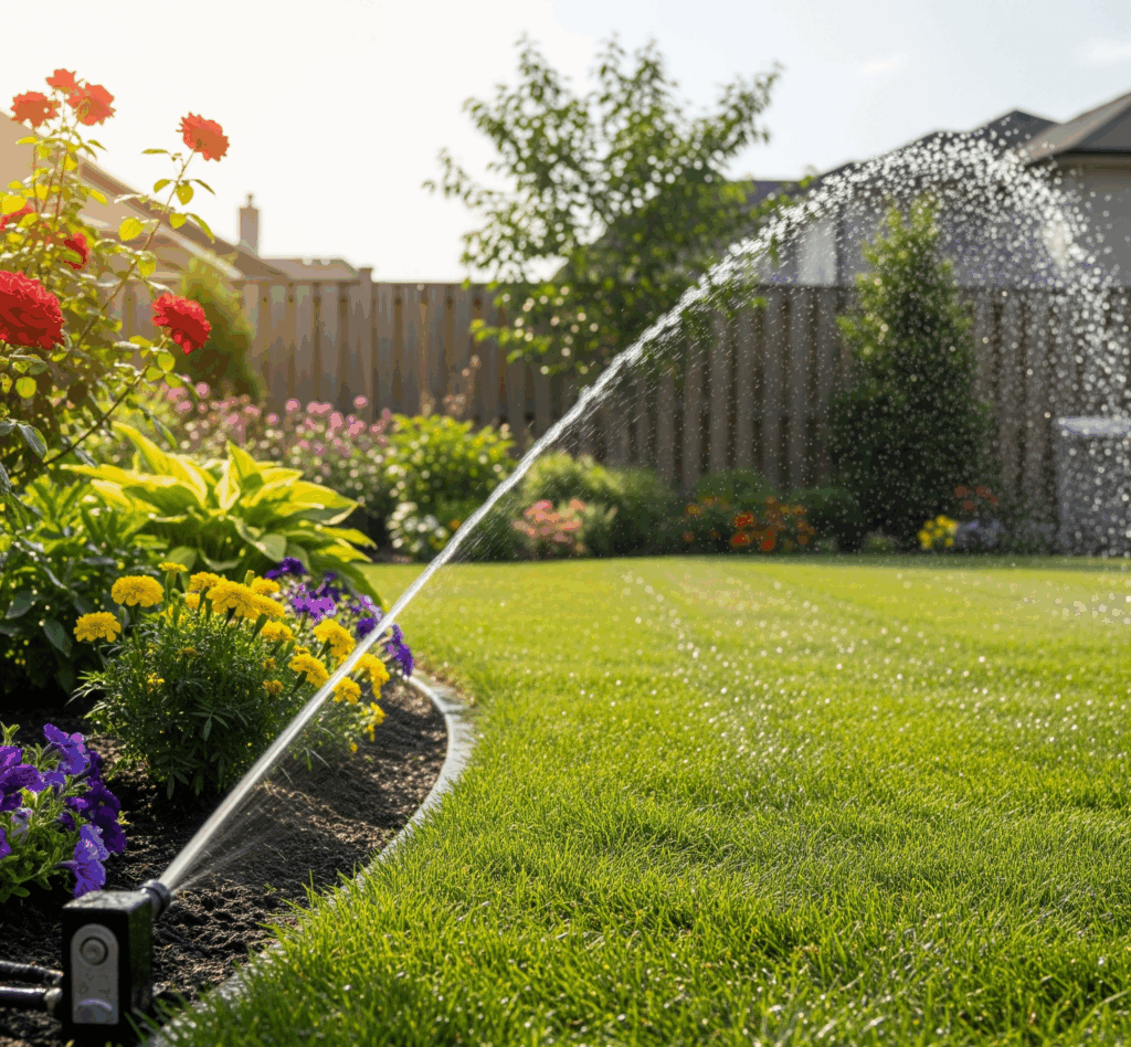 Automatyczny zraszacz podlewa idealnie przycięty trawnik w słoneczny dzień