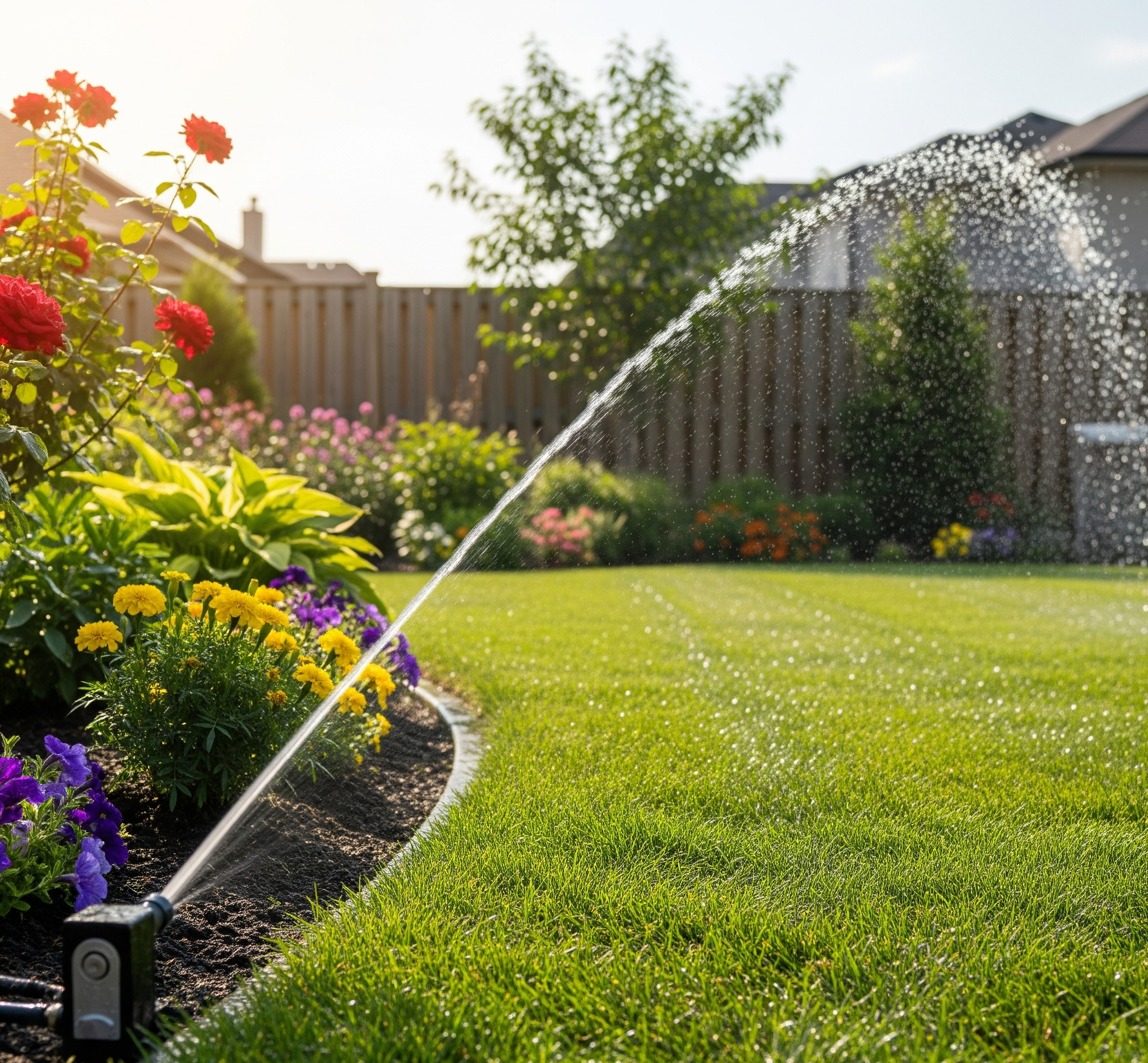 Automatyczny zraszacz podlewa idealnie przycięty trawnik w słoneczny dzień