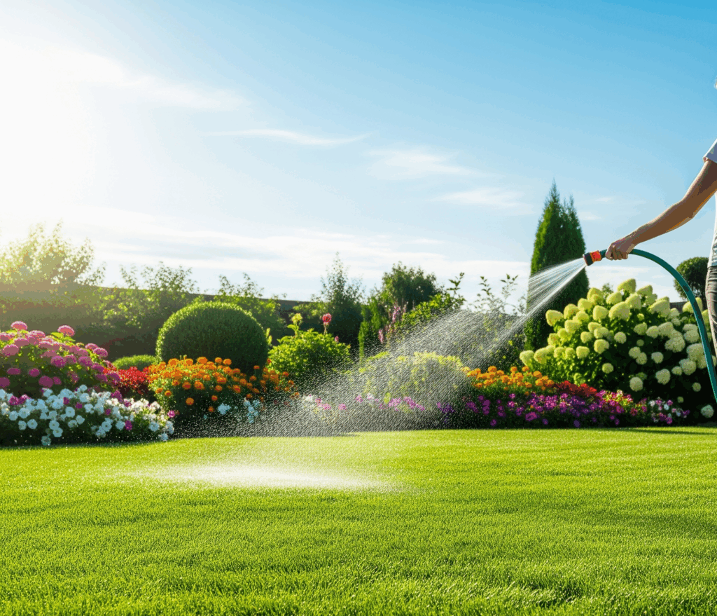 Kobieta podlewa soczyście zielony trawnik w letnim ogrodzie, tworząc delikatną mgiełkę wody.