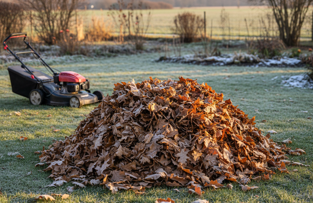 Kosiarka elektryczna lub spalinowa stojąca na zielonym trawniku.