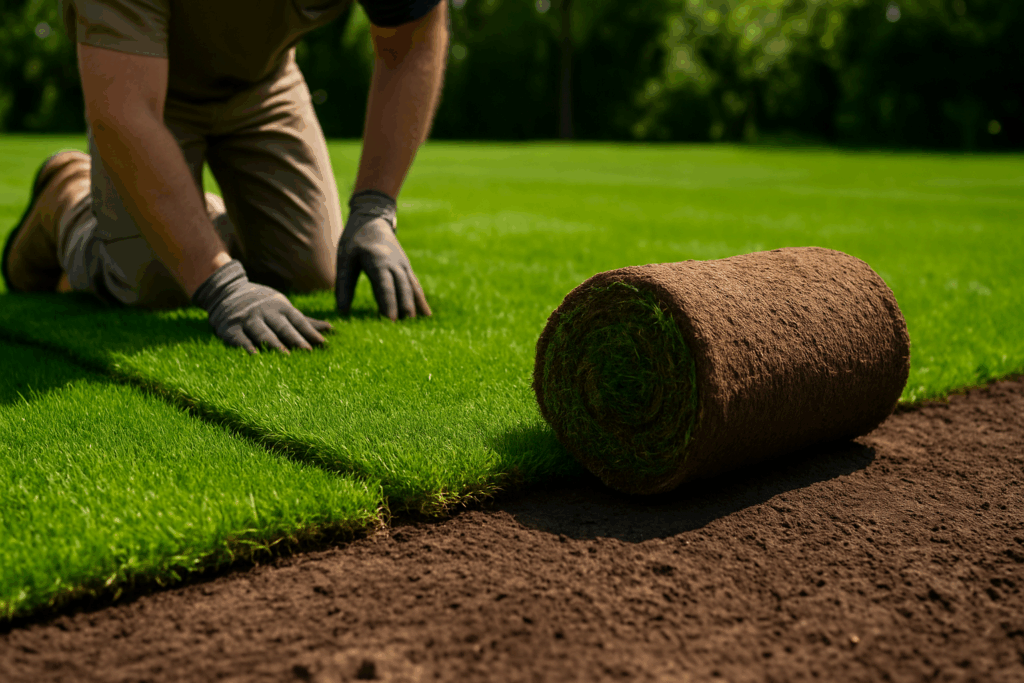 Układanie trawy z rolki na przygotowanym podłożu w ogrodzie