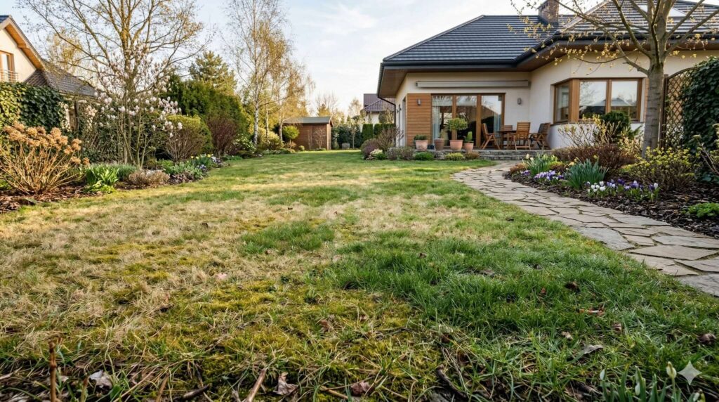 Trawnik po zimie w przydomowym ogrodzie przygotowany do wiosennej regeneracji