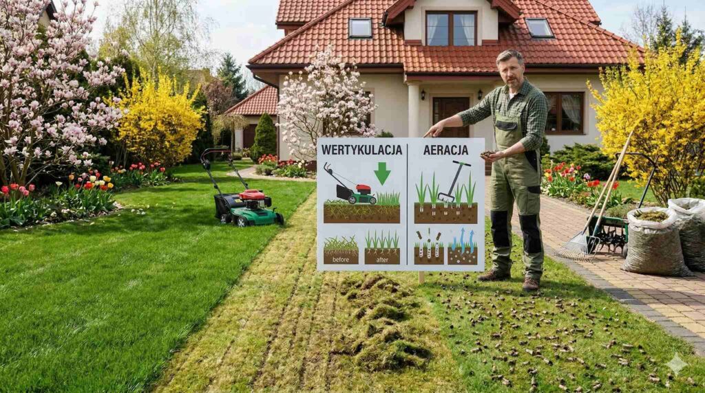 Aeracja i wertykulacja trawnika po zimie w przydomowym ogrodzie