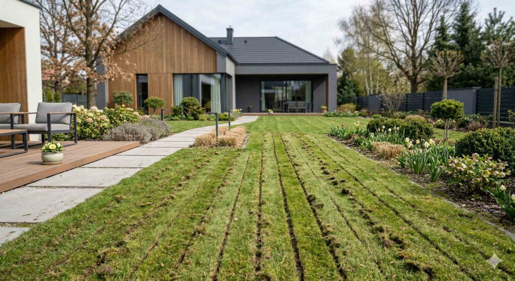 Wertykulacja trawnika w przydomowym ogrodzie wczesną wiosną