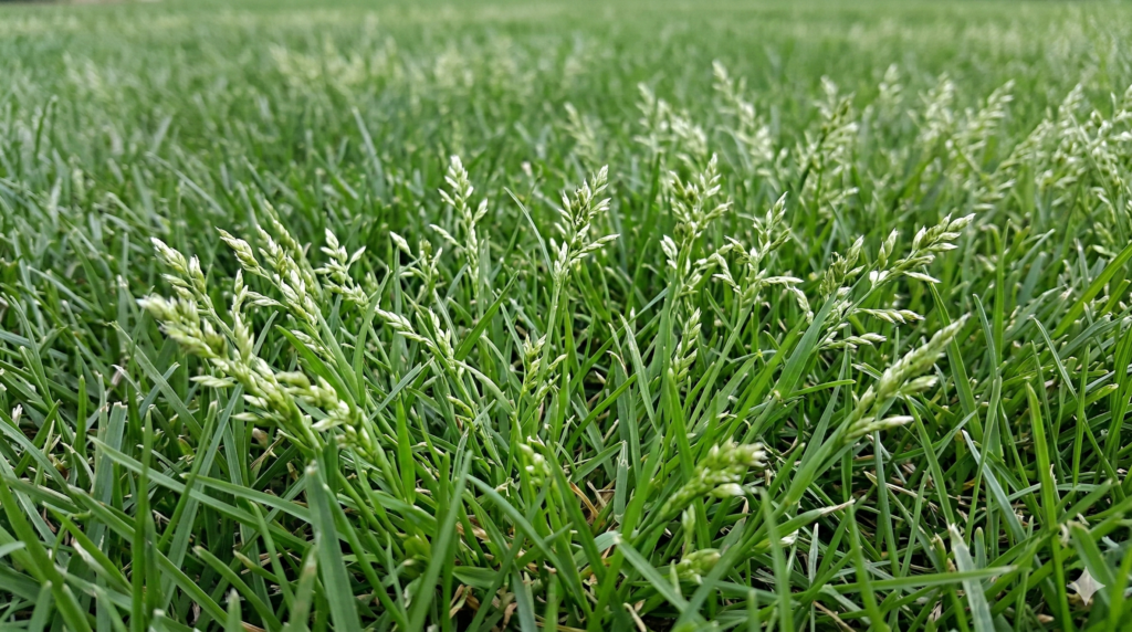 Wiechlina roczna (Poa annua) w trawniku – jasne kępki i białe wiechy po koszeniu