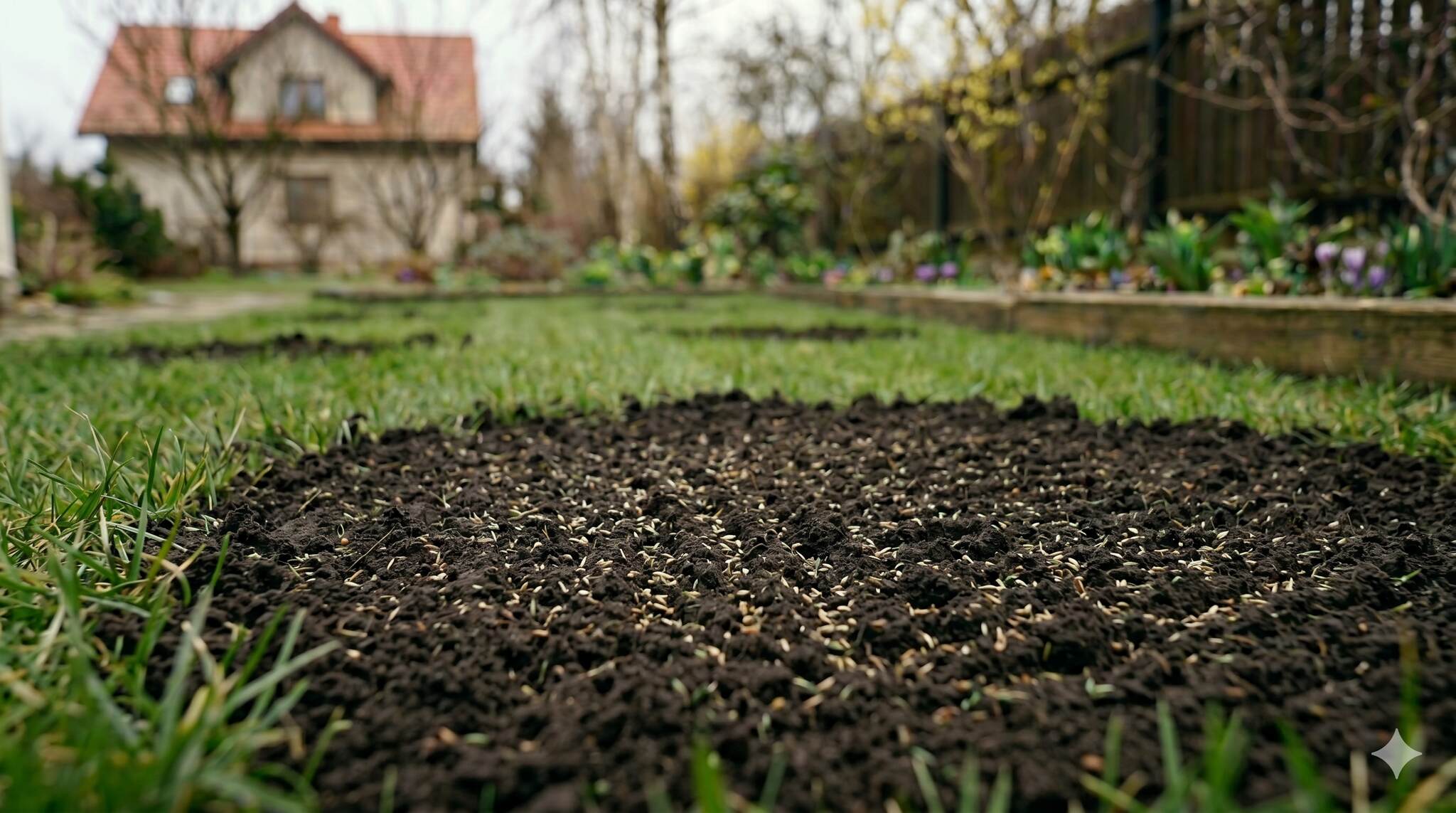 Dosiewanie trawy na przerzedzonym trawniku po zimie