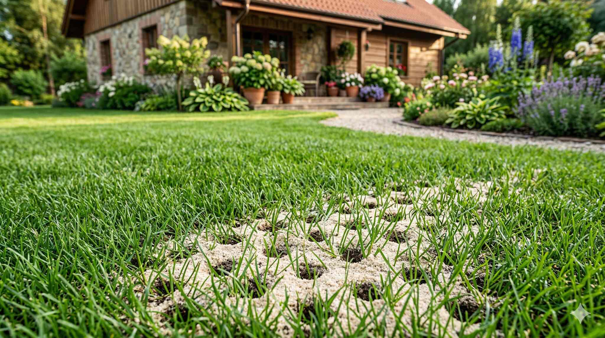 Trawnik po wertykulacji z widocznymi rowkami, filcem i przerzedzoną darnią