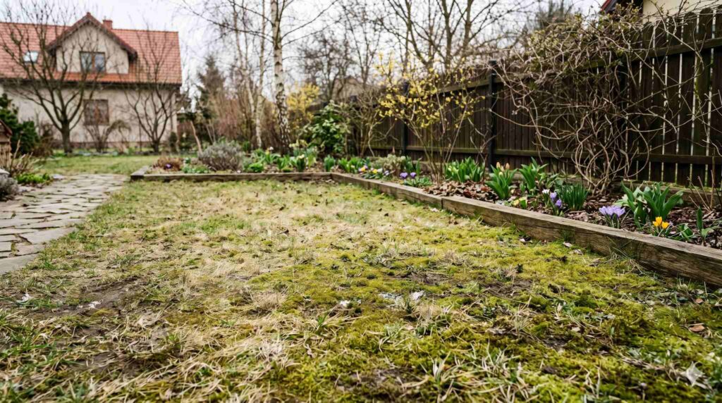 Trawnik po zimie z przerzedzeniami i pustymi miejscami w murawie