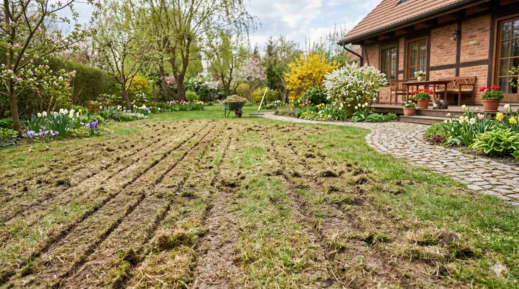 Trawnik po wertykulacji z widocznymi rowkami, filcem i przerzedzoną darnią