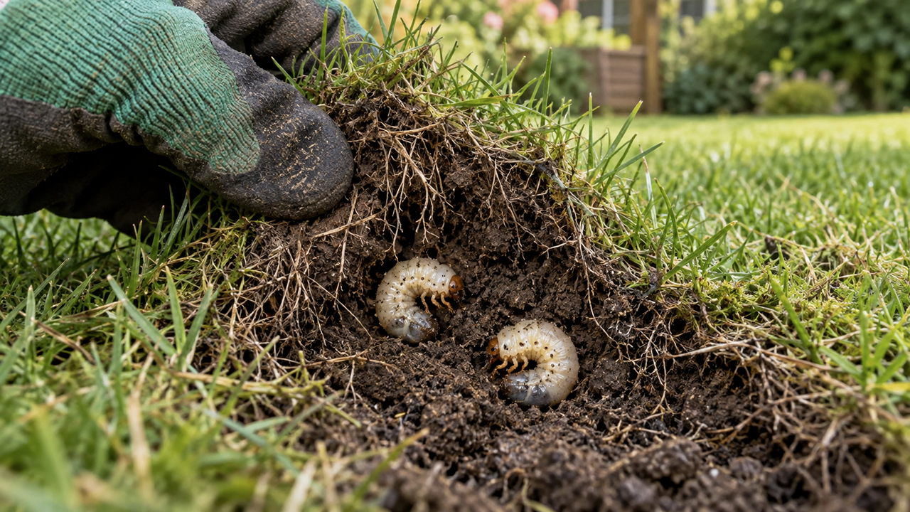 Dwa kremowe pędraki widoczne w glebie pod uniesionym płatem darni.